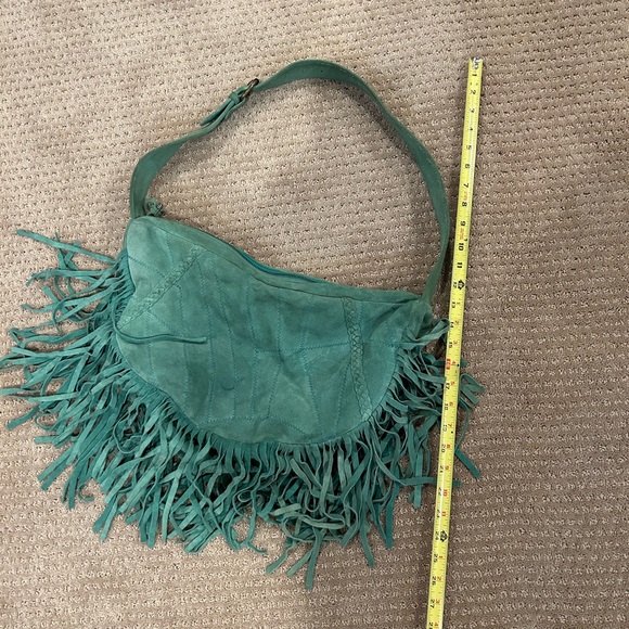 Vintage sea foam green patchwork pattern, suede purse. Fringe - Picture 1 of 5